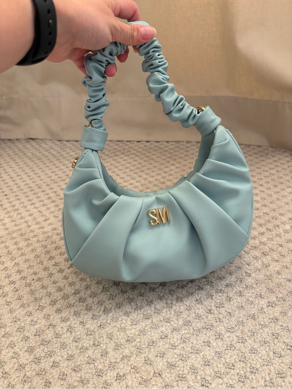 Steve Madden Light Blue Scrunchie-Handle Shoulder Bag with Gold Logo